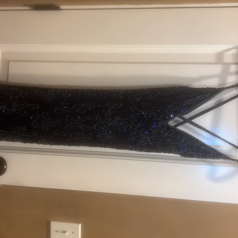 PRIMAVERA Dark Blue, Sequins with Silver Beading, Cross/Open Back Prom Dress